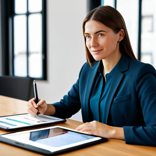 Home 4 A confident professional female content creator, mid-30s, in a modest business blazer and blouse, seated at a sleek, minimalist wooden desk in a modern, sunlit co-working studio. She holds a stylus, engaging with a large, professional tablet, displaying creative content layouts. The background features blurred contemporary office elements, conveying a dynamic work environment. The image highlights professionalism and personal brand strategy. Fully clothed, appropriate attire, safe for work, perfect anatomy, correct proportions, natural pose, well-formed hands, proper finger count, natural body proportions, professional photography, high quality.