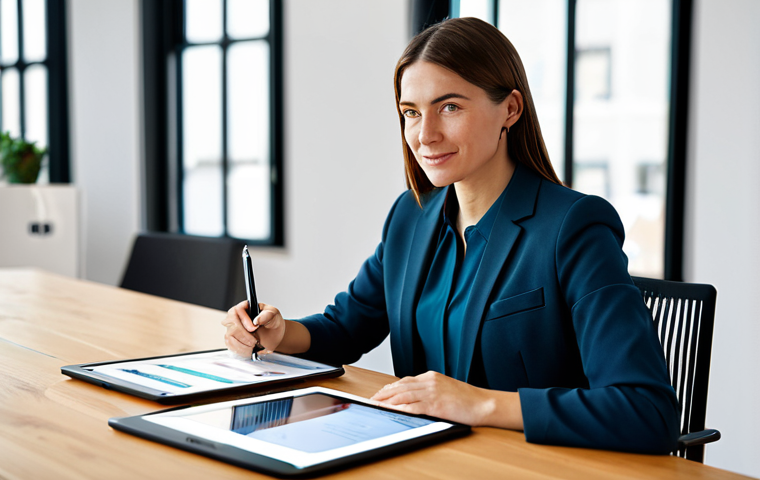 A confident professional female content creator, mid-30s, in a modest business blazer and blouse, seated at a sleek, minimalist wooden desk in a modern, sunlit co-working studio. She holds a stylus, engaging with a large, professional tablet, displaying creative content layouts. The background features blurred contemporary office elements, conveying a dynamic work environment. The image highlights professionalism and personal brand strategy. Fully clothed, appropriate attire, safe for work, perfect anatomy, correct proportions, natural pose, well-formed hands, proper finger count, natural body proportions, professional photography, high quality.