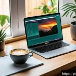 콘텐츠 제작 관련 필수 앱 모음 - A vibrant digital workspace scene showcasing a young Brazilian content creator working on video and ...