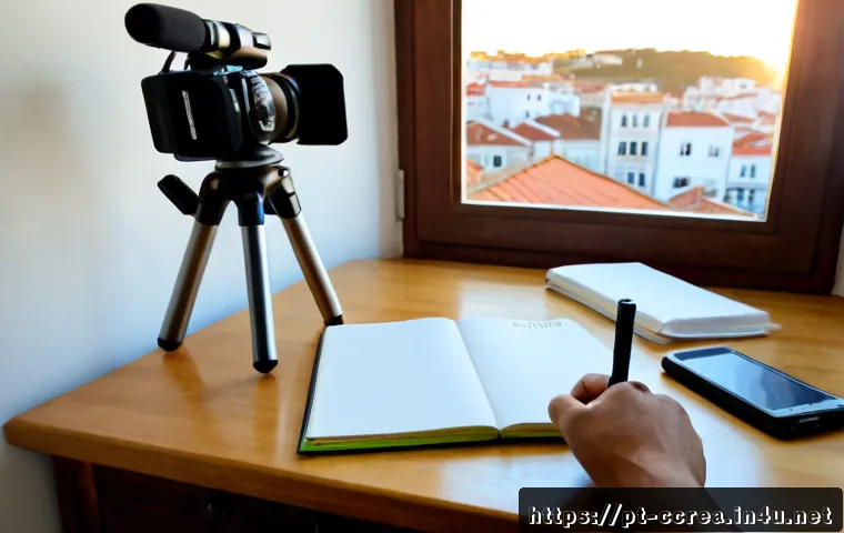 콘텐츠 제작 실습에서 실패하지 않는 팁 - Photorealistic home content-creation workspace in Portugal, a focused adult creator reviewing a simp...
